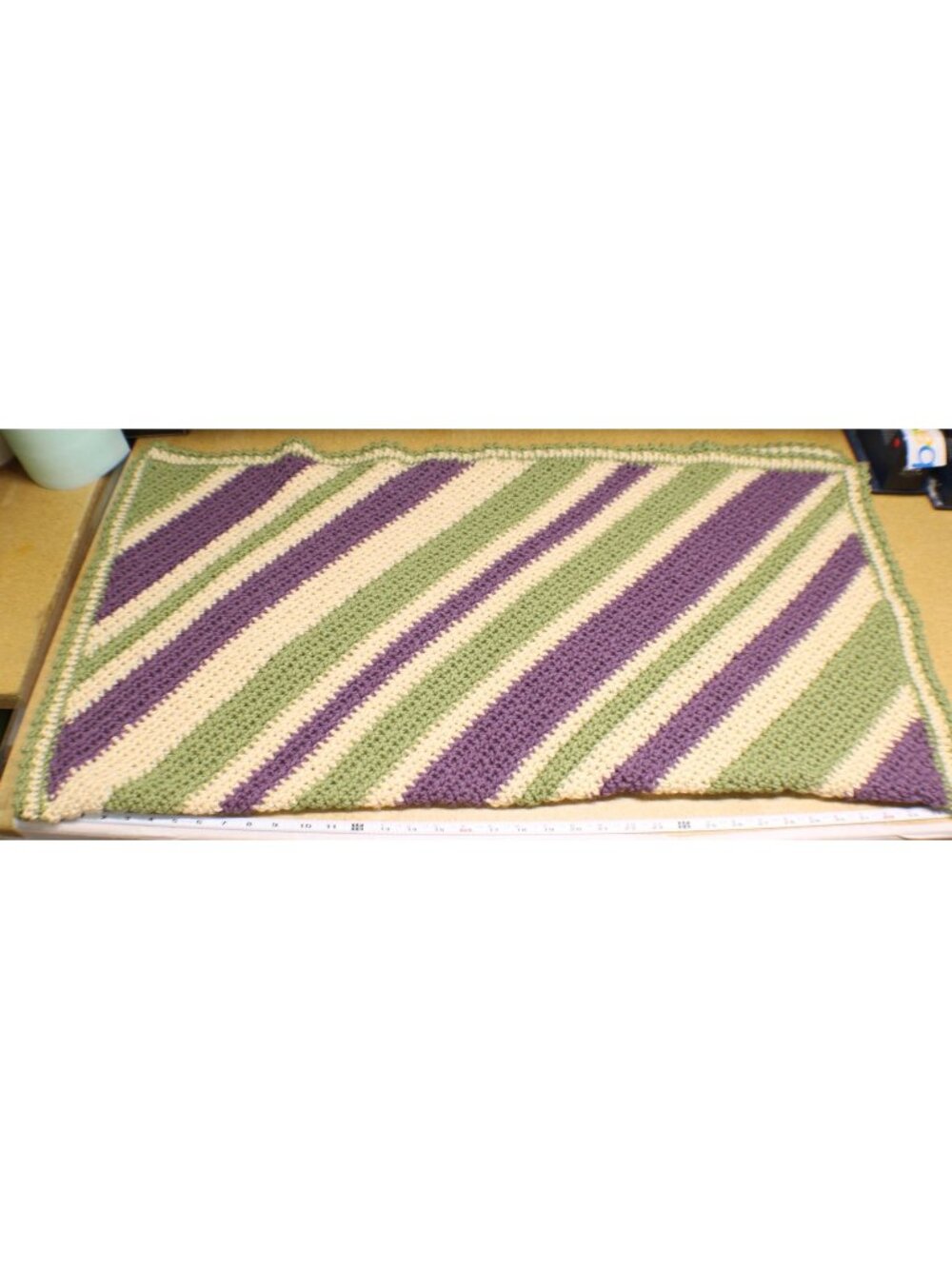 Corner to Corner Diagonal Stripe Crochet Blanket Throw Purple Green Tan 38x42"
